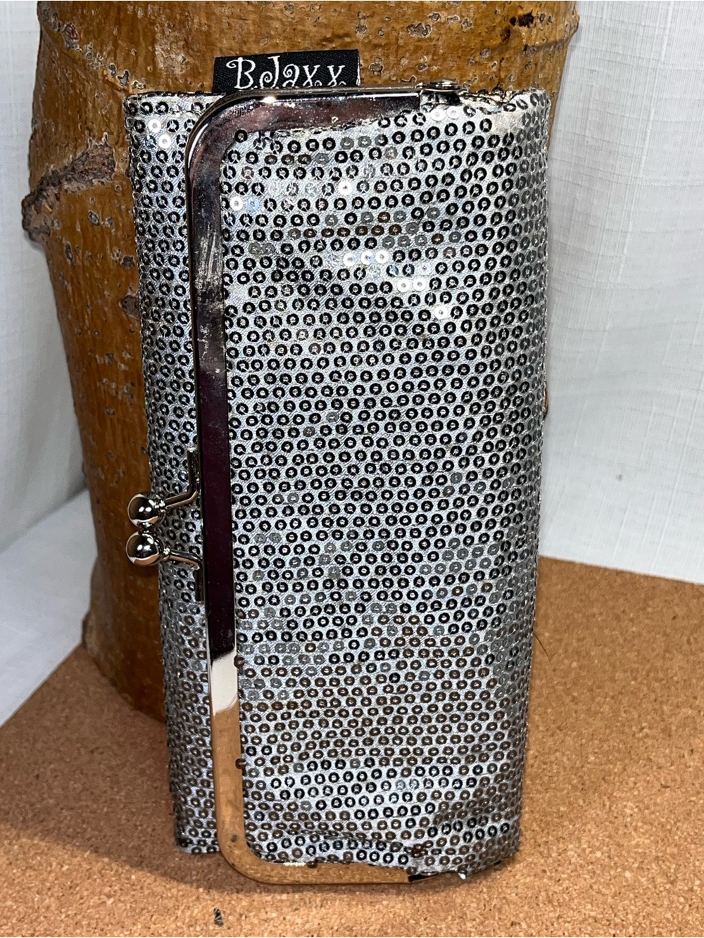 Metallic Silver Sequin Clutch Wallet Kiss Lock Frame Checkbook Organizer Evening